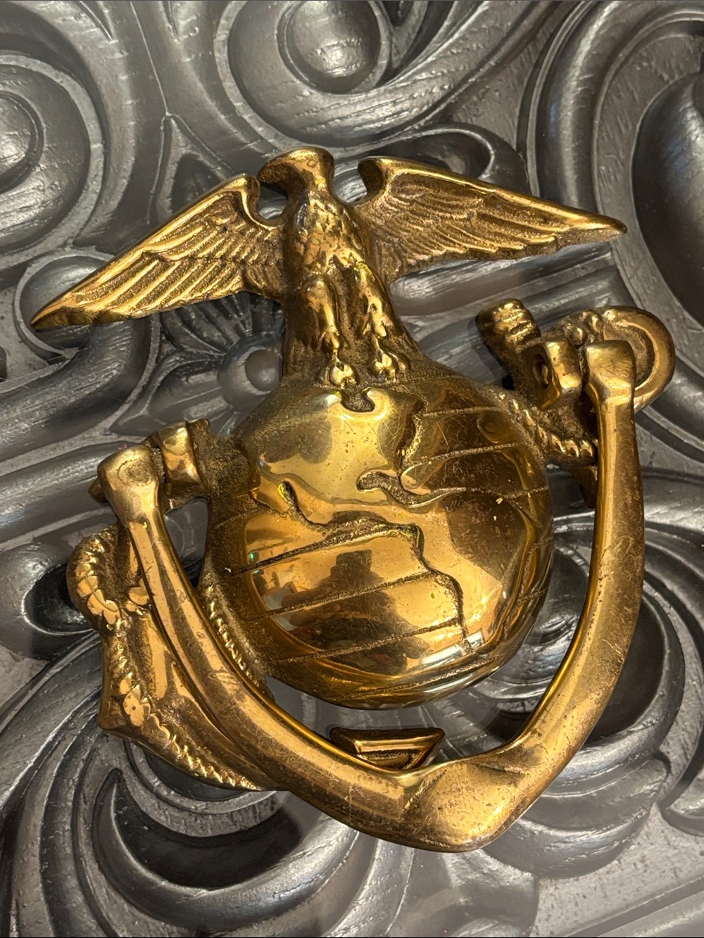 Vintage Marine Brass Gold Eagle Globe & Anchor Decorative Emblem Door Knocker